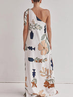 Bohemian Summer Maxi Dress Floral One-Shoulder Bow Tie Loose Pocketd