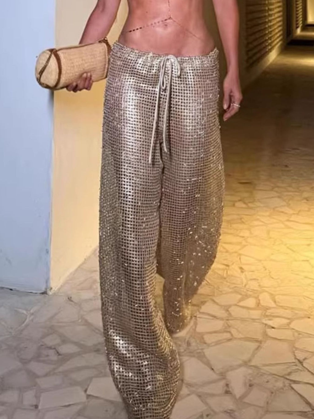 Women's Fashion Wide Leg Pants Gold Woven Drawstring Mid Waist Trousers