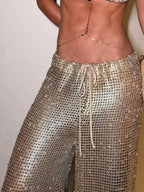 Women's Fashion Wide Leg Pants Gold Woven Drawstring Mid Waist Trousers