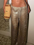 Women's Fashion Wide Leg Pants Gold Woven Drawstring Mid Waist Trousers