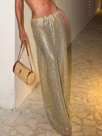 Women's Fashion Wide Leg Pants Gold Woven Drawstring Mid Waist Trousers