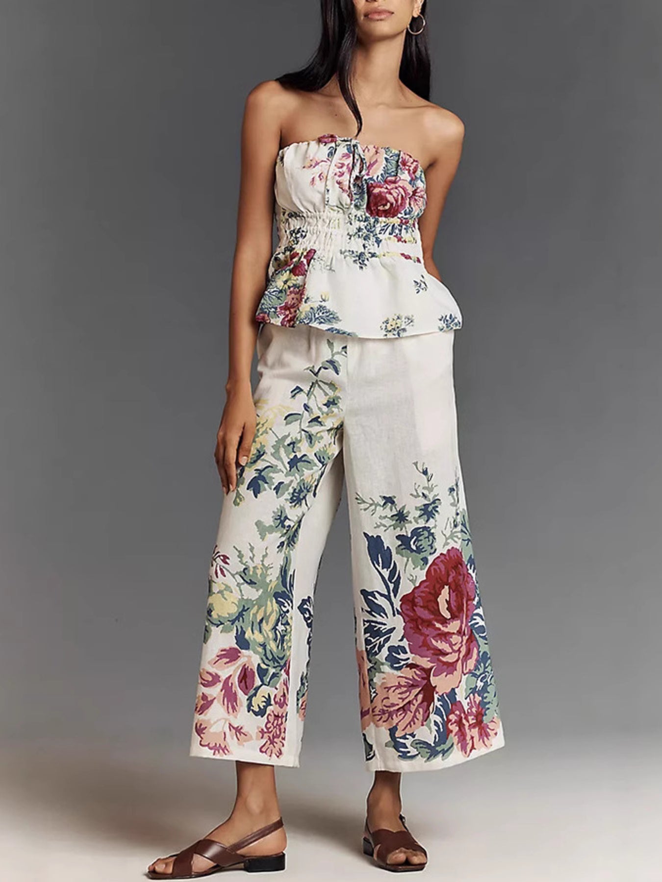 Fashion Outfit Set Floral Strapless Smocked Tube Top and Crop Wide Leg Pants
