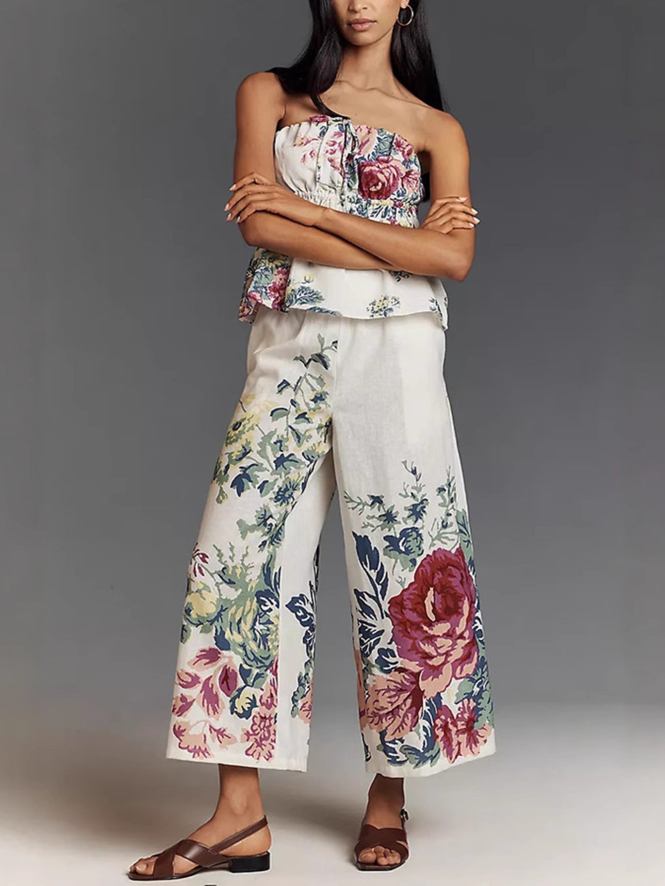 Fashion Outfit Set Floral Strapless Smocked Tube Top and Crop Wide Leg Pants