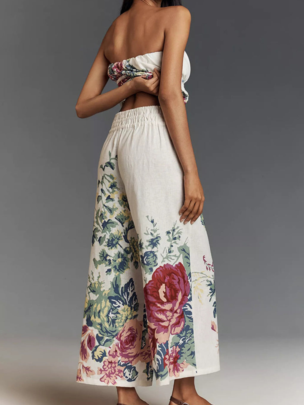 Fashion Outfit Set Floral Strapless Smocked Tube Top and Crop Wide Leg Pants