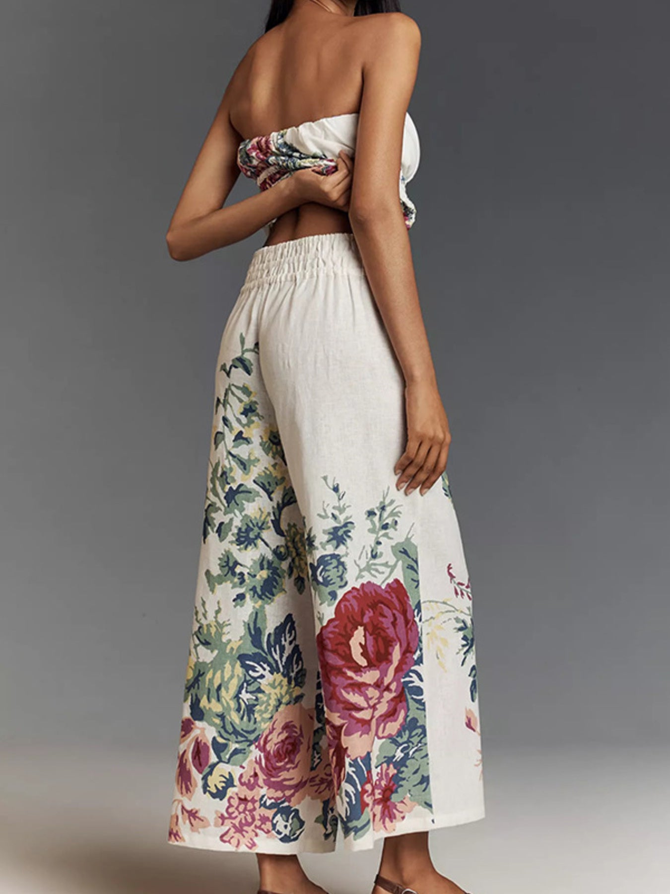 Fashion Outfit Set Floral Strapless Smocked Tube Top and Crop Wide Leg Pants