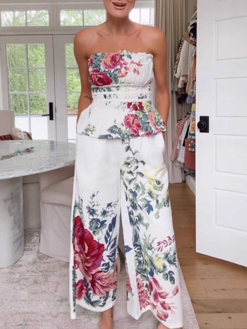Fashion Outfit Set Floral Strapless Smocked Tube Top and Crop Wide Leg Pants