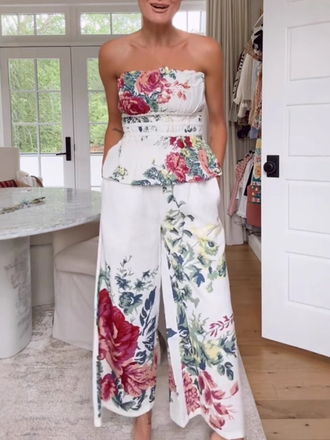 Fashion Outfit Set Floral Strapless Smocked Tube Top and Crop Wide Leg Pants