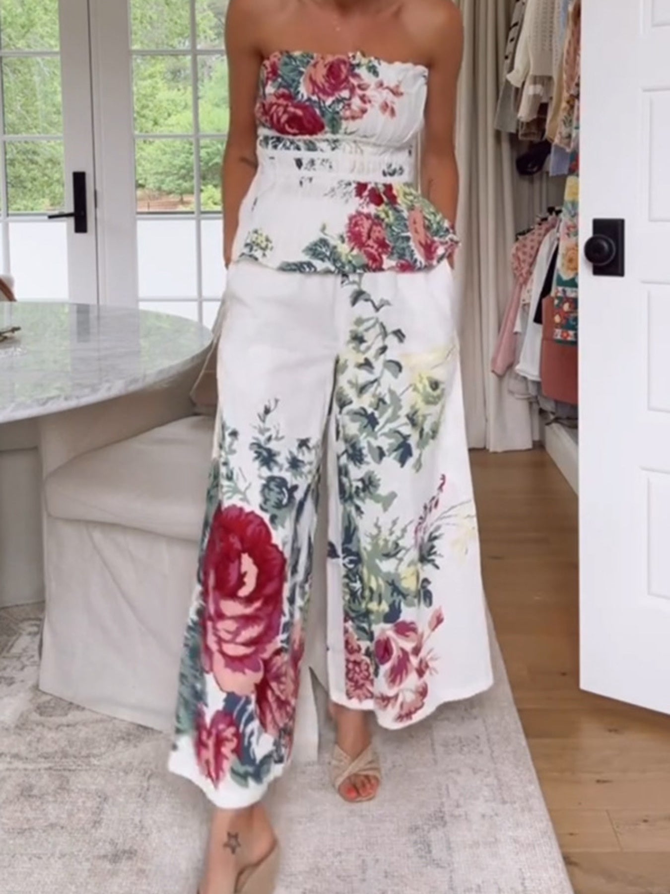 Fashion Outfit Set Floral Strapless Smocked Tube Top and Crop Wide Leg Pants