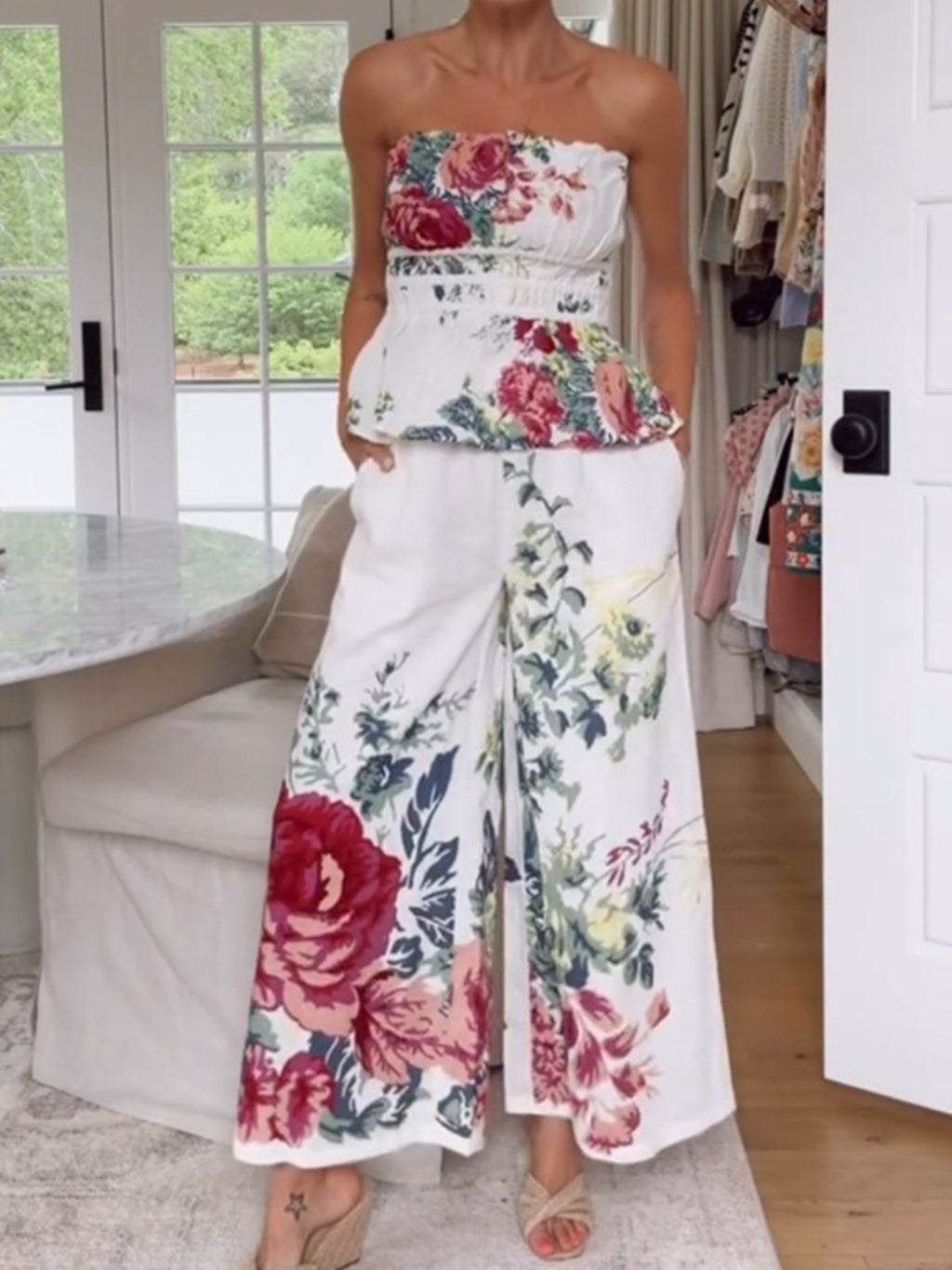Fashion Outfit Set Floral Strapless Smocked Tube Top and Crop Wide Leg Pants