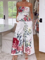 Fashion Outfit Set Floral Strapless Smocked Tube Top and Crop Wide Leg Pants