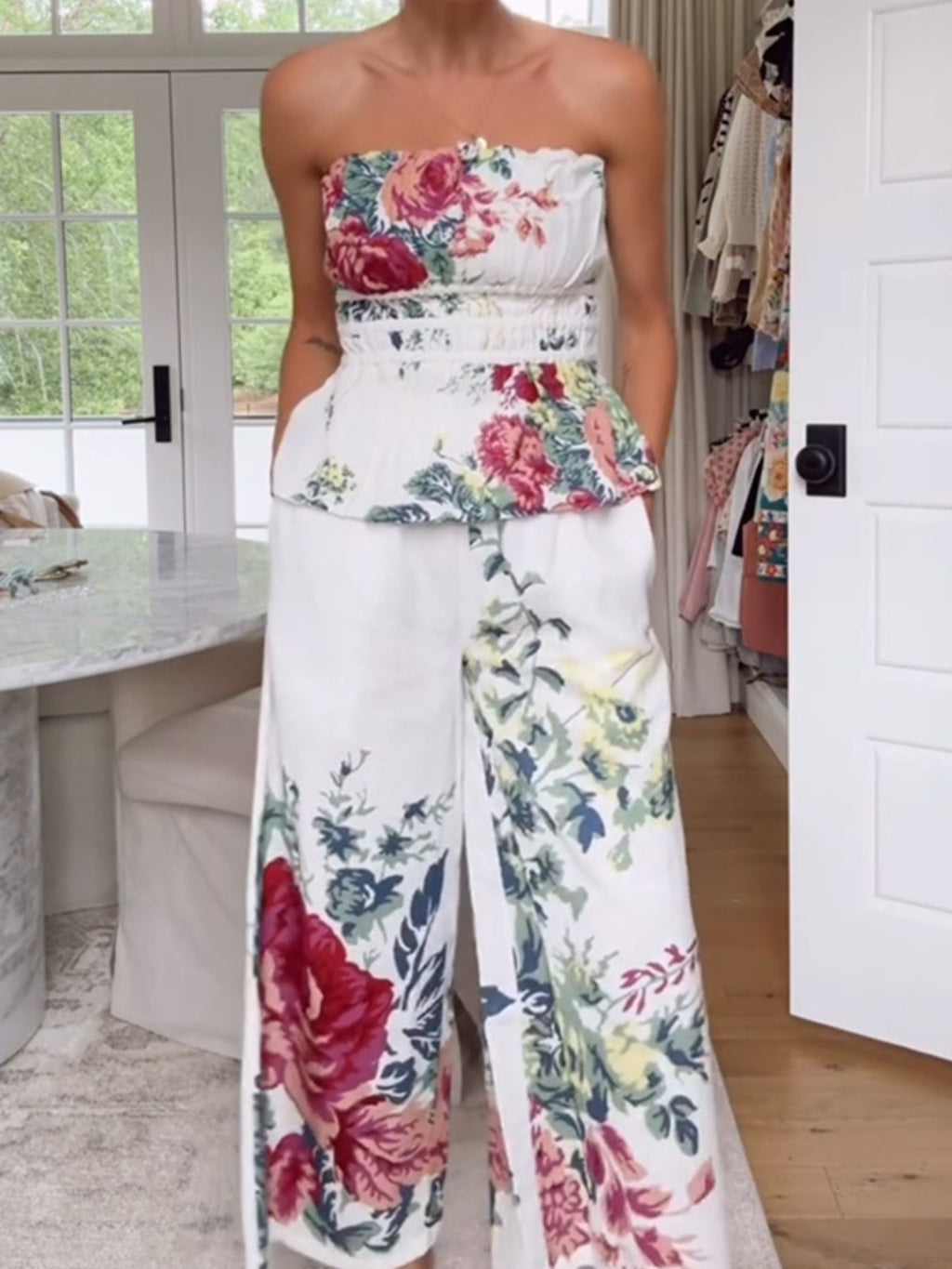 Fashion Outfit Set Floral Strapless Smocked Tube Top and Crop Wide Leg Pants