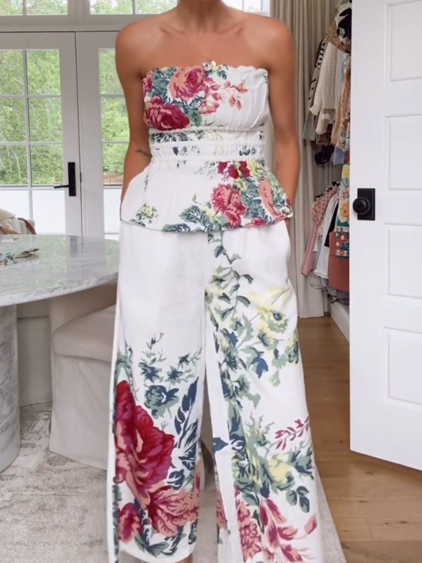 Fashion Outfit Set Floral Strapless Smocked Tube Top and Crop Wide Leg Pants