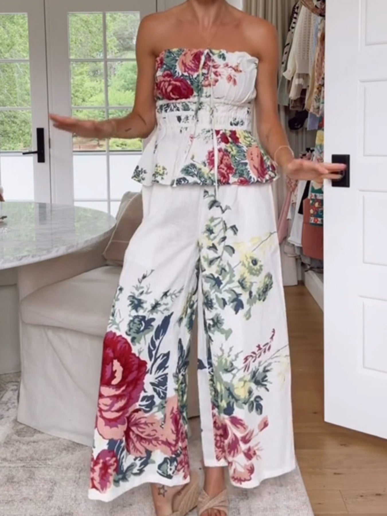 Fashion Outfit Set Floral Strapless Smocked Tube Top and Crop Wide Leg Pants