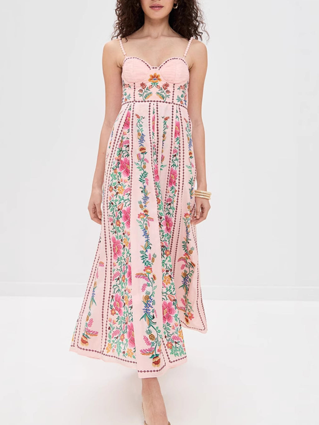 Midi Cami Dress Pink Floral Sweetheart Neck Backless Strappy Smocked Ruffled