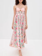 Midi Cami Dress Pink Floral Sweetheart Neck Backless Strappy Smocked Ruffled