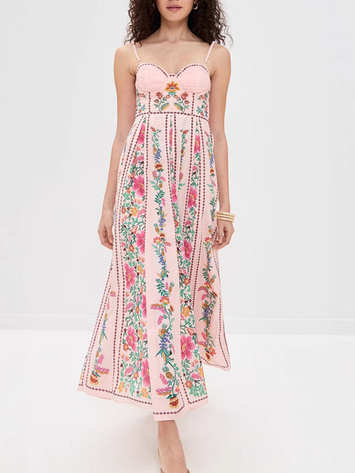 Midi Cami Dress Pink Floral Sweetheart Neck Backless Strappy Smocked Ruffled