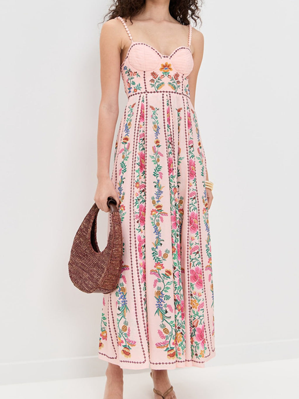 Midi Cami Dress Pink Floral Sweetheart Neck Backless Strappy Smocked Ruffled