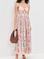 Midi Cami Dress Pink Floral Sweetheart Neck Backless Strappy Smocked Ruffled