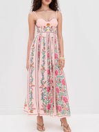 Midi Cami Dress Pink Floral Sweetheart Neck Backless Strappy Smocked Ruffled