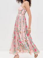 Midi Cami Dress Pink Floral Sweetheart Neck Backless Strappy Smocked Ruffled