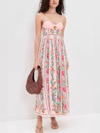 Midi Cami Dress Pink Floral Sweetheart Neck Backless Strappy Smocked Ruffled