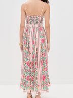 Midi Cami Dress Pink Floral Sweetheart Neck Backless Strappy Smocked Ruffled