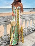 Maxi Dress Floral Stripe Print Sweetheart Neck Sleeveless Cotton Ruffle Long Dress
