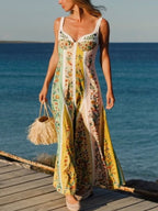 Maxi Dress Floral Stripe Print Sweetheart Neck Sleeveless Cotton Ruffle Long Dress