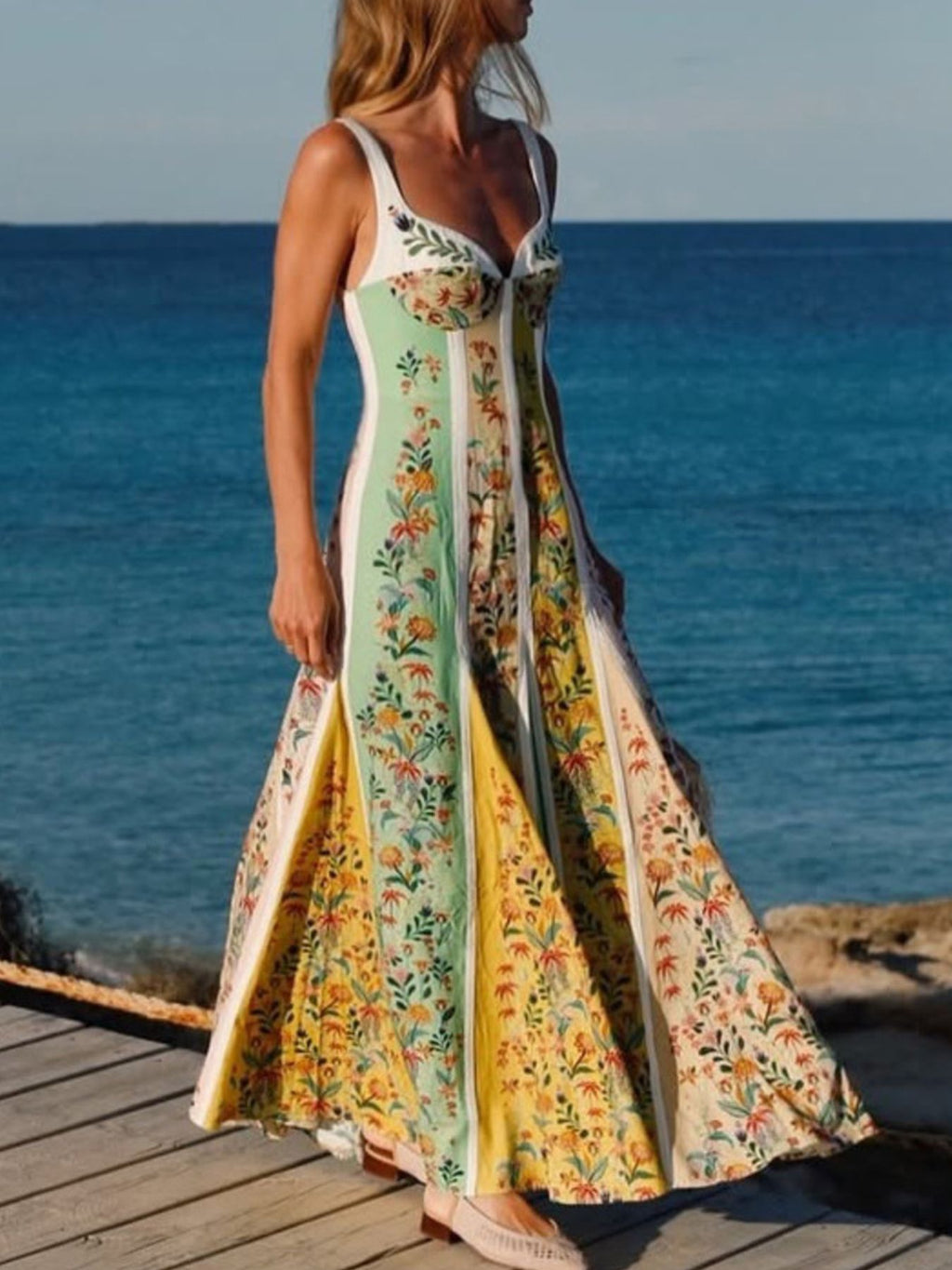Maxi Dress Floral Stripe Print Sweetheart Neck Sleeveless Cotton Ruffle Long Dress