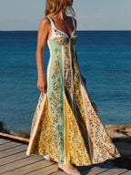 Maxi Dress Floral Stripe Print Sweetheart Neck Sleeveless Cotton Ruffle Long Dress
