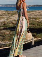 Maxi Dress Floral Stripe Print Sweetheart Neck Sleeveless Cotton Ruffle Long Dress