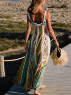 Maxi Dress Floral Stripe Print Sweetheart Neck Sleeveless Cotton Ruffle Long Dress