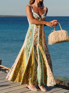 Maxi Dress Floral Stripe Print Sweetheart Neck Sleeveless Cotton Ruffle Long Dress