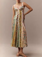 Maxi Dress Floral Stripe Print Sweetheart Neck Sleeveless Cotton Ruffle Long Dress