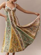 Maxi Dress Floral Stripe Print Sweetheart Neck Sleeveless Cotton Ruffle Long Dress