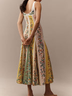 Maxi Dress Floral Stripe Print Sweetheart Neck Sleeveless Cotton Ruffle Long Dress