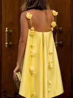Mini A-Line Dress Yellow Floral Strap Ruffle Backless Zipper High Low Party Dress
