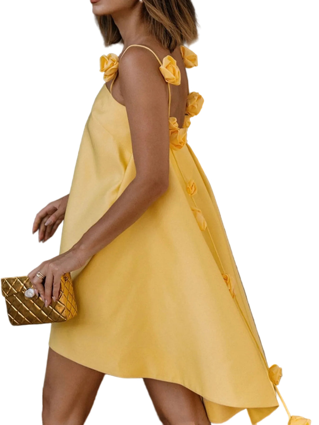 Mini A-Line Dress Yellow Floral Strap Ruffle Backless Zipper High Low Party Dress