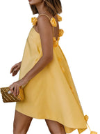 Mini A-Line Dress Yellow Floral Strap Ruffle Backless Zipper High Low Party Dress