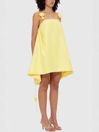 Mini A-Line Dress Yellow Floral Strap Ruffle Backless Zipper High Low Party Dress