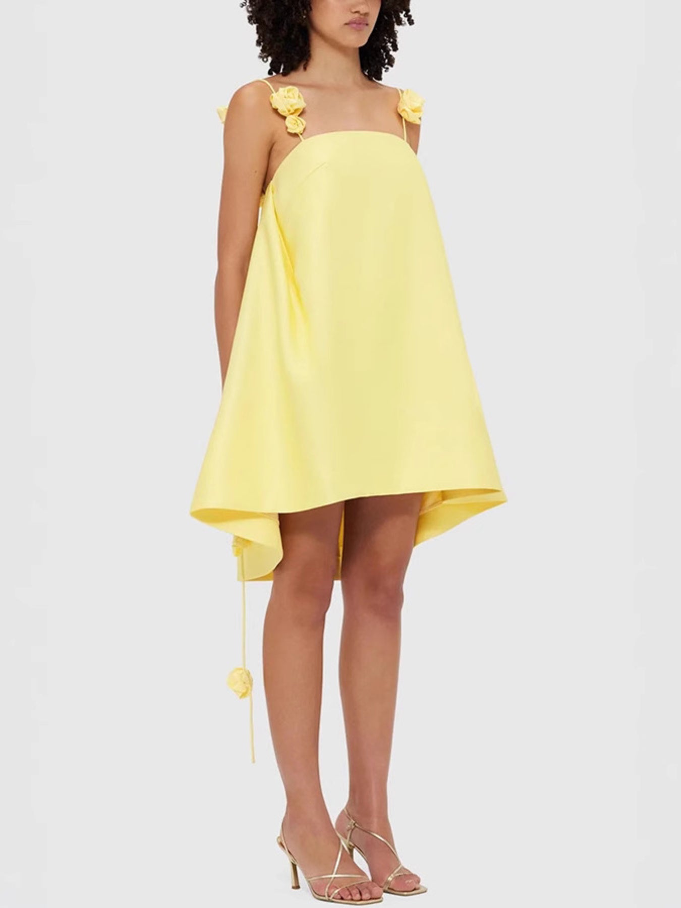 Mini A-Line Dress Yellow Floral Strap Ruffle Backless Zipper High Low Party Dress