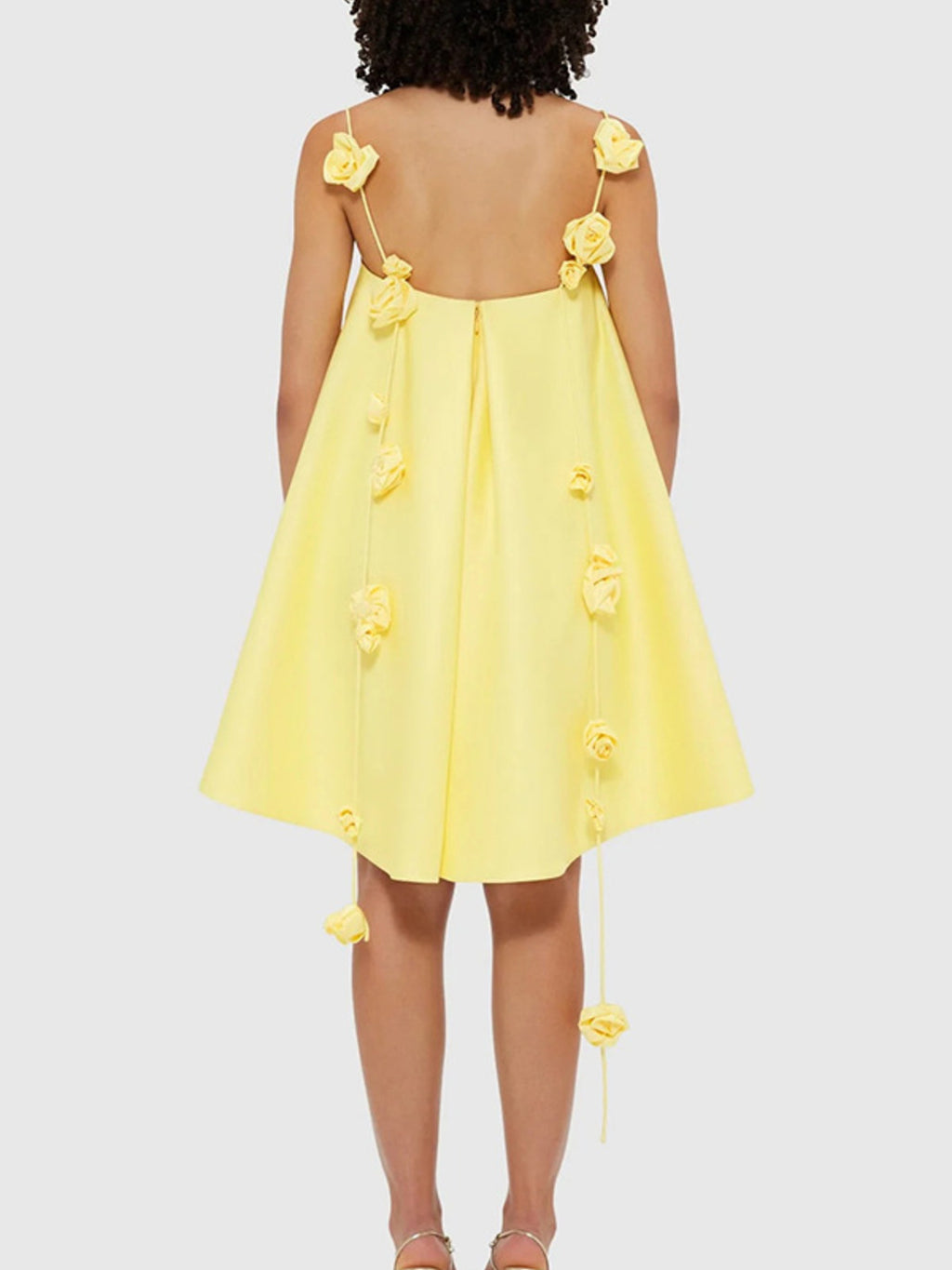 Mini A-Line Dress Yellow Floral Strap Ruffle Backless Zipper High Low Party Dress