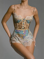 Women's Romper Floral Lace Leopard Mix Vintage Style Strappy Buttoned Bodysuit