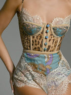 Women's Romper Floral Lace Leopard Mix Vintage Style Strappy Buttoned Bodysuit