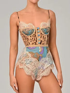 Women's Romper Floral Lace Leopard Mix Vintage Style Strappy Buttoned Bodysuit