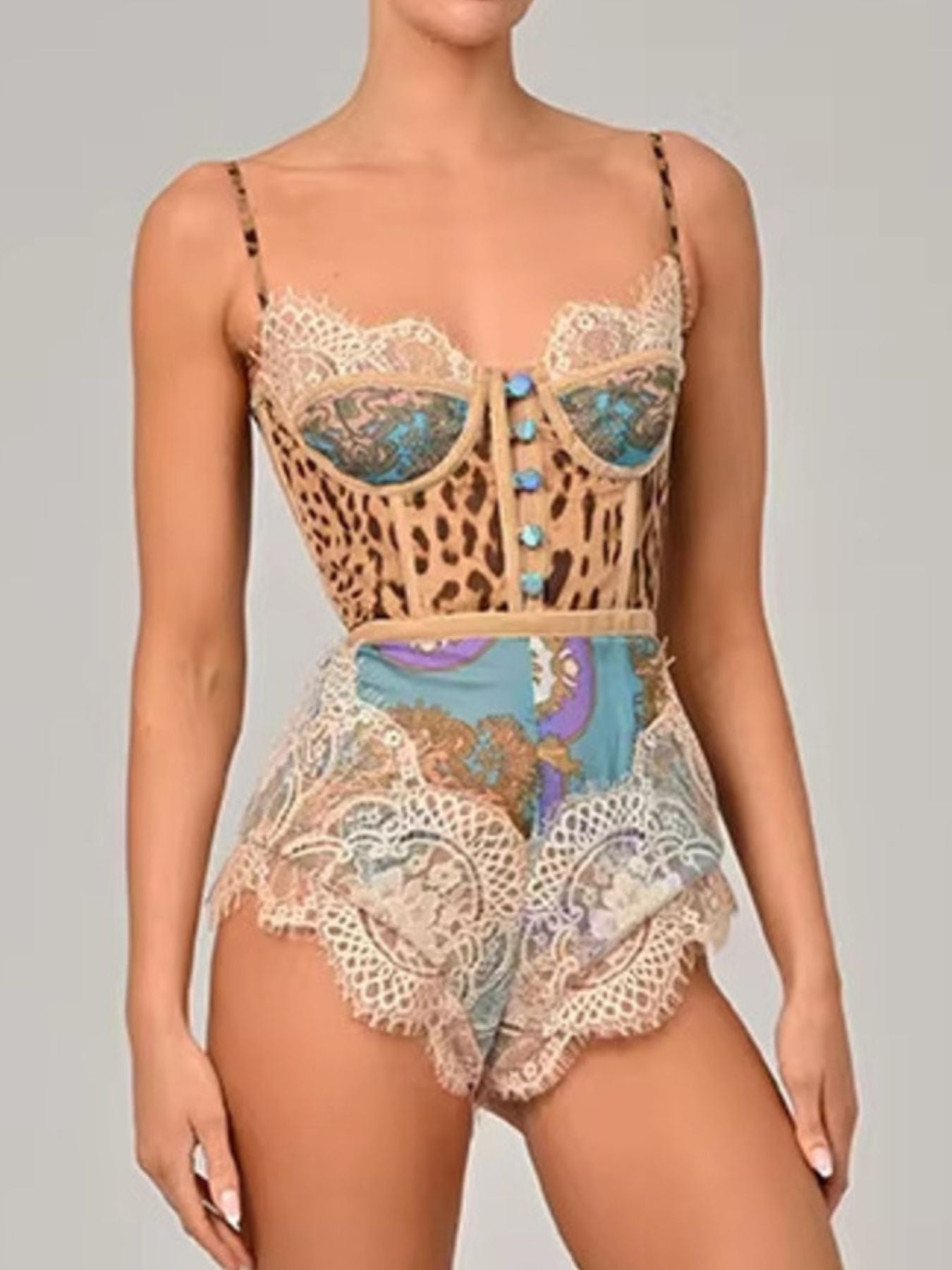 Women's Romper Floral Lace Leopard Mix Vintage Style Strappy Buttoned Bodysuit