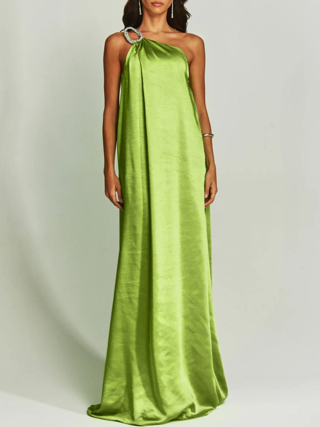 Satin Maxi Dress One-Shoulder Rhinestone Ruched Elegant Party Women's