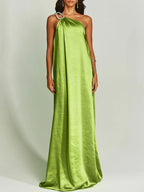 Satin Maxi Dress One-Shoulder Rhinestone Ruched Elegant Party Women's