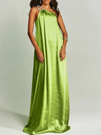 Satin Maxi Dress One-Shoulder Rhinestone Ruched Elegant Party Women's
