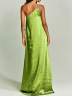 Satin Maxi Dress One-Shoulder Rhinestone Ruched Elegant Party Women's